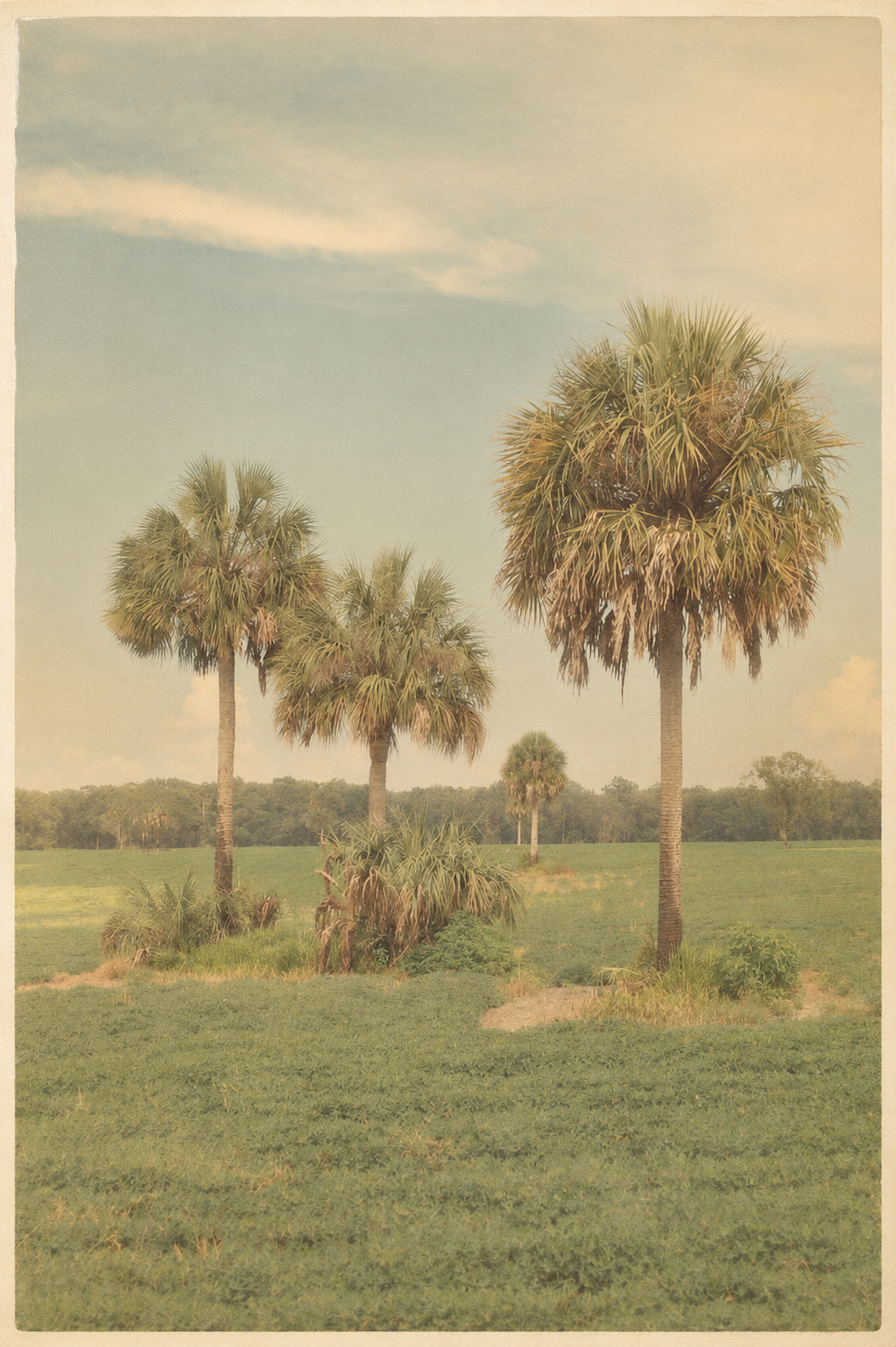 Vintage-style photograph of cabbage palms in a Florida field