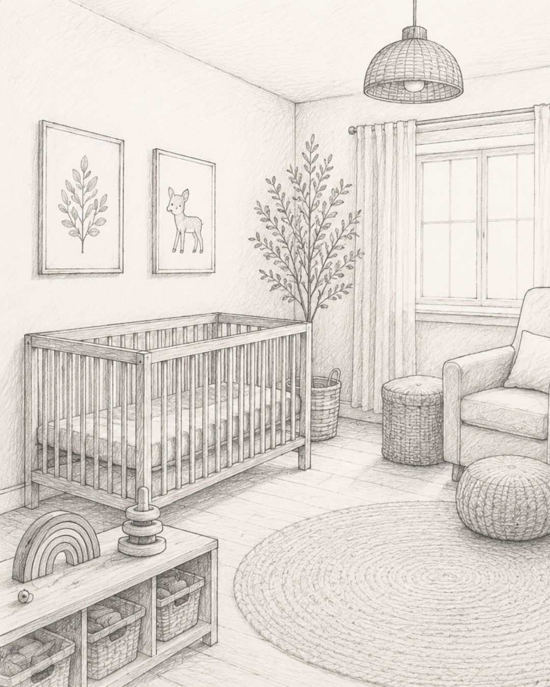 Hand-sketched nursery interior with crib, chair, and warm details