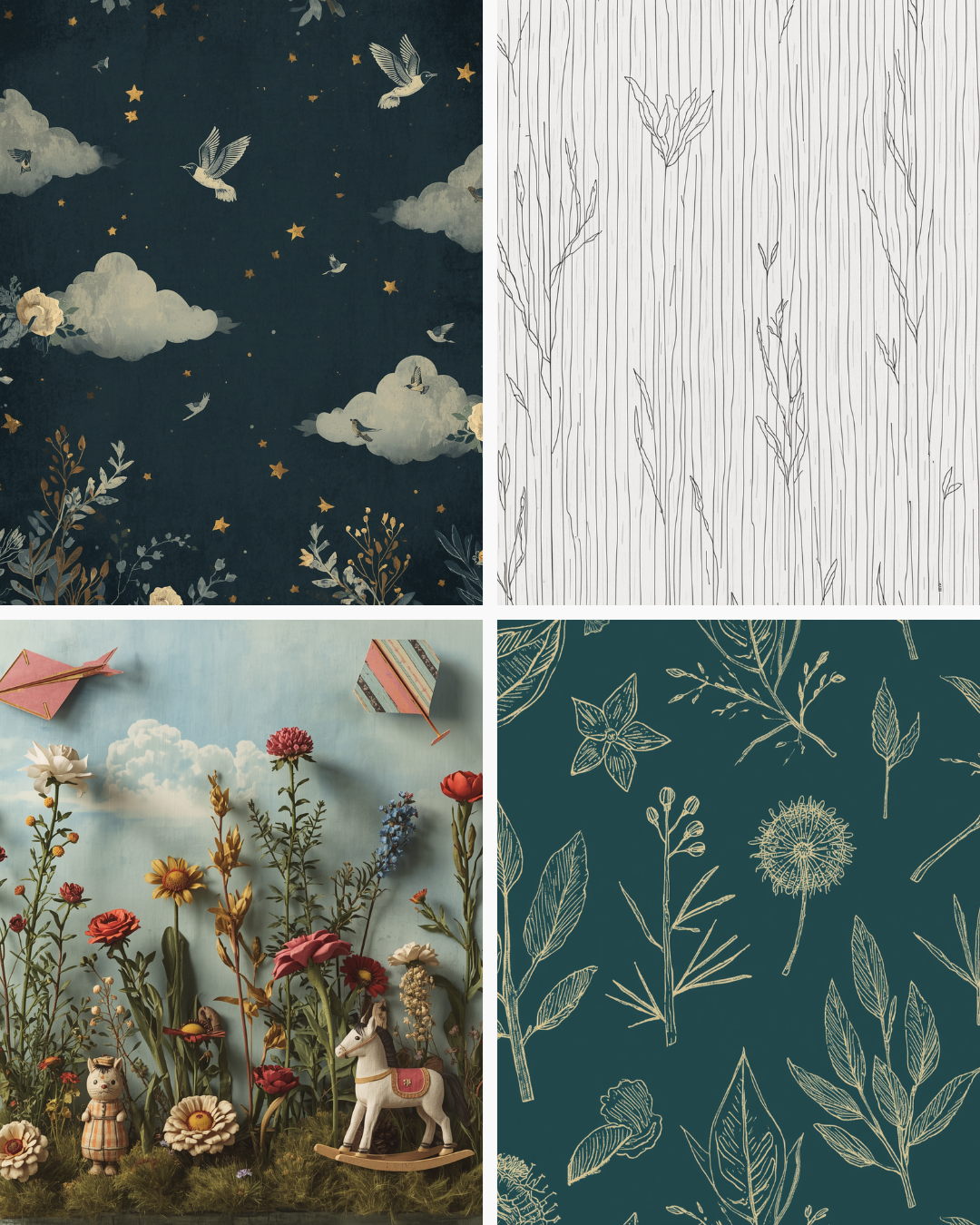 Mood board of patterns, illustrations, and visual references