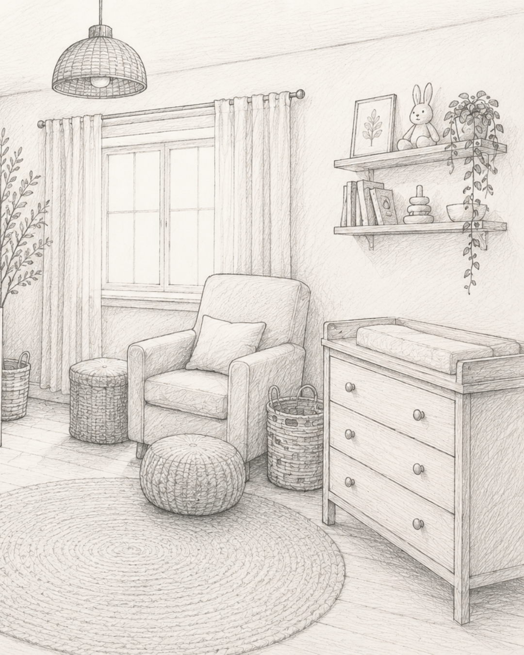 Sketched nursery scene with armchair and dresser