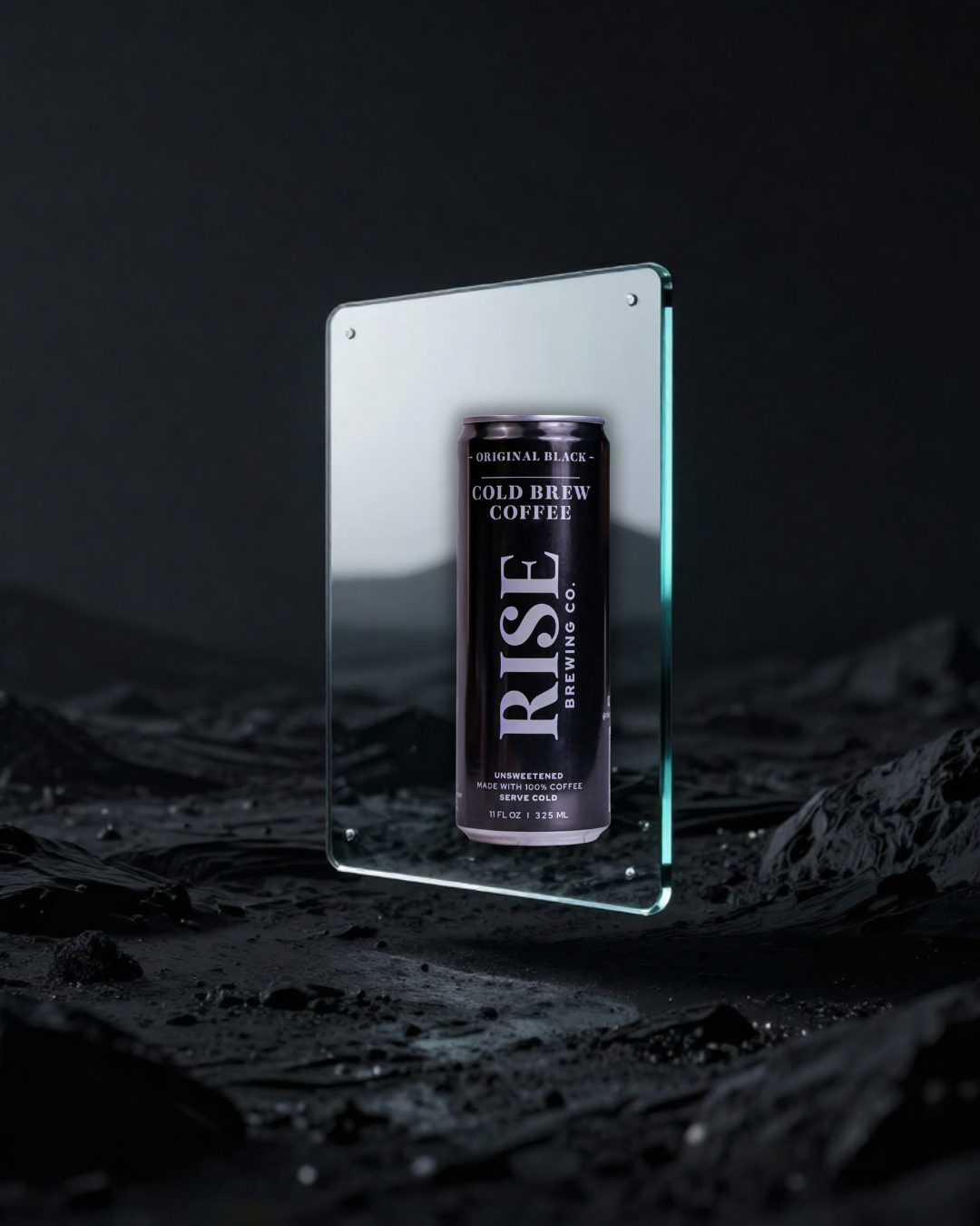 Original Black RISE can on dark mirrored surface