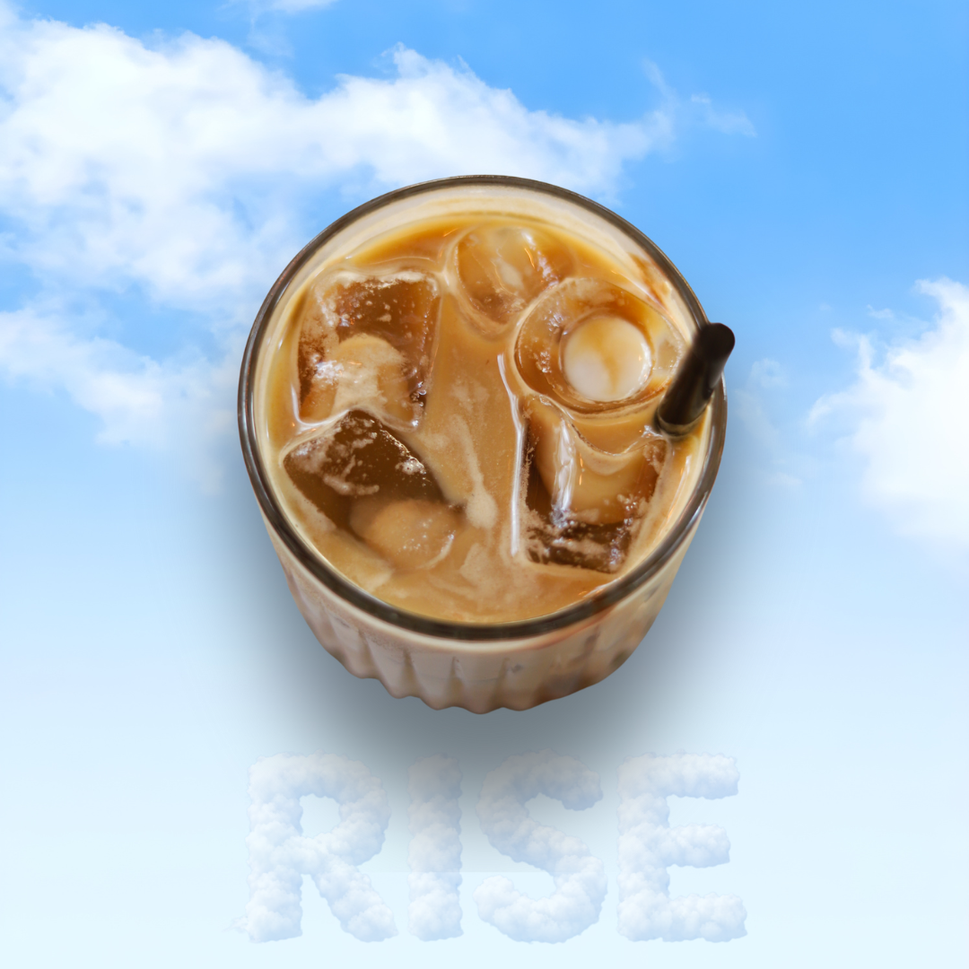 Top-down iced coffee with RISE in cloud type below