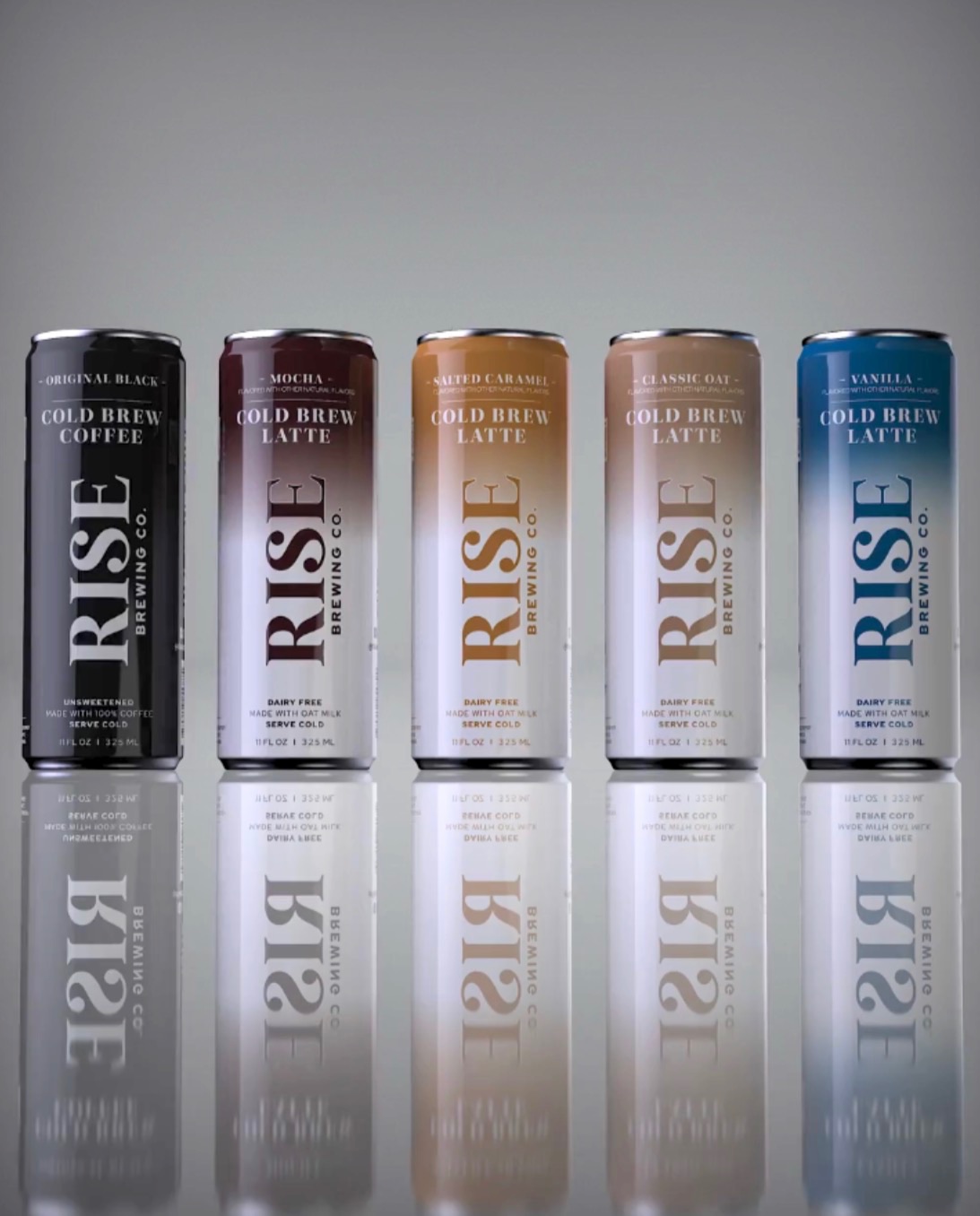RISE Brewing Co full can lineup — Original Black, Mocha, Salted Caramel, Classic Oat, and Vanilla — arranged to read as a sunrise gradient