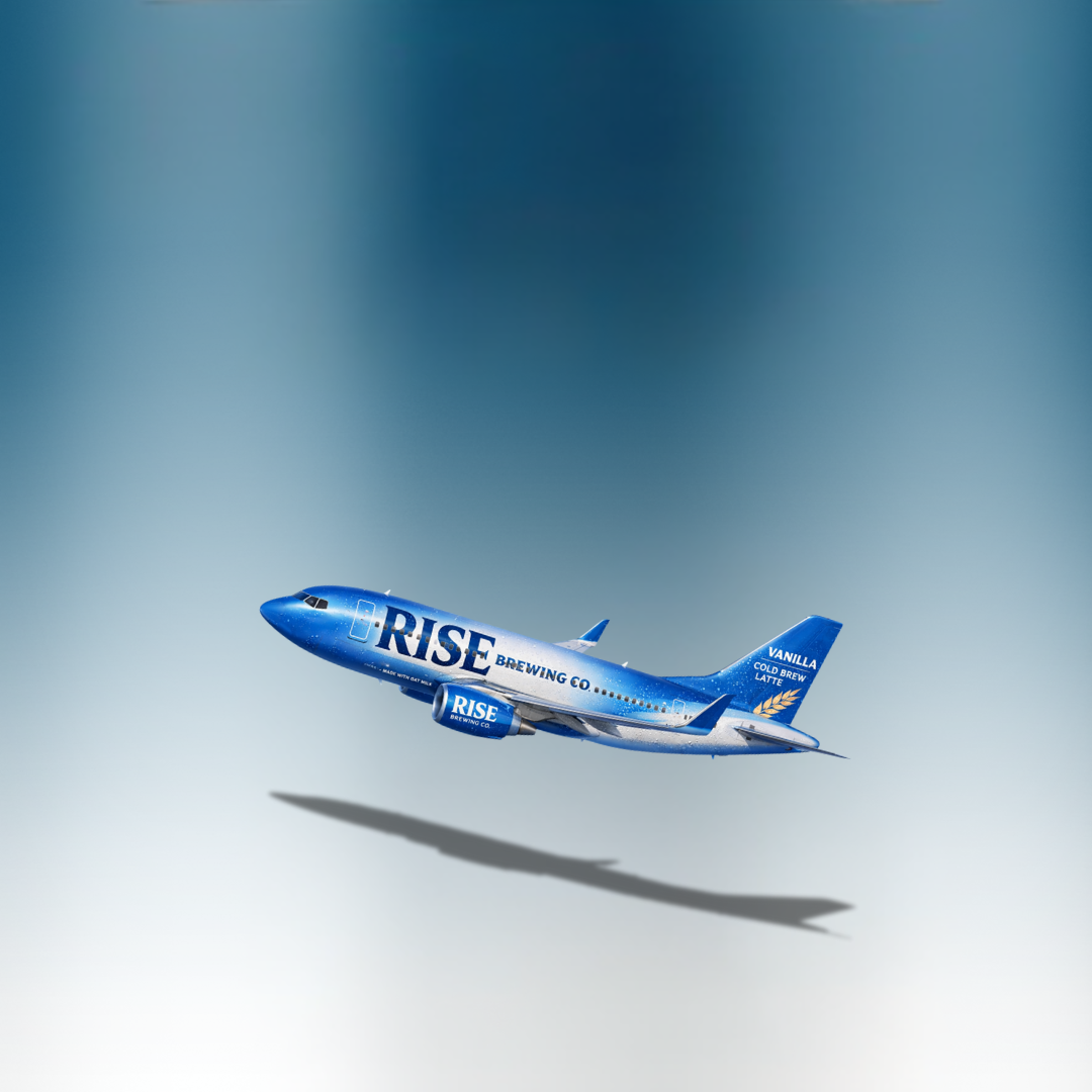 RISE branded passenger plane in sky blue