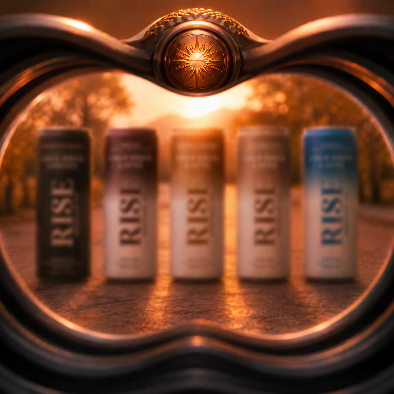 RISE lineup framed through binoculars with sunrise behind