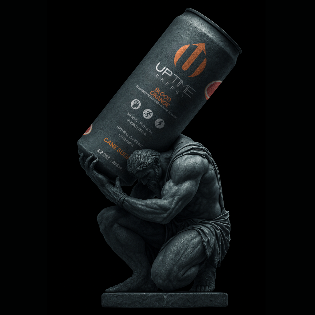 UPTIME Energy Blood Orange — Atlas statue holding the can