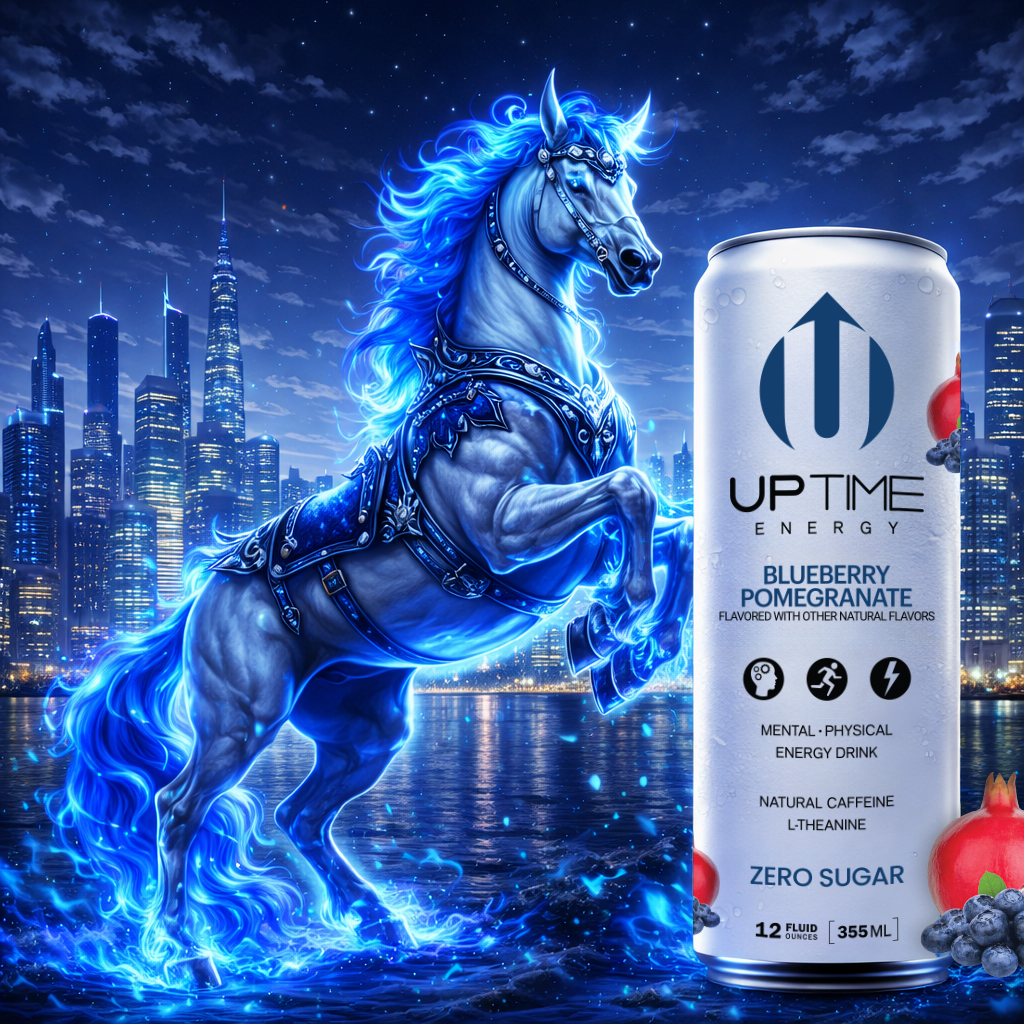 Blue mythological horse with UPTIME Blueberry Pomegranate