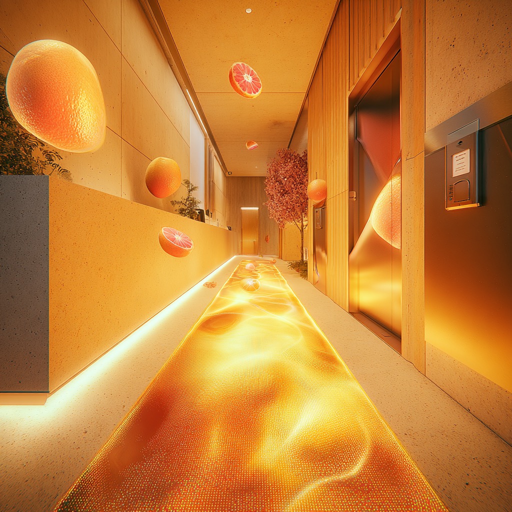 The Citrus Campaign — floating citrus in modern corridor