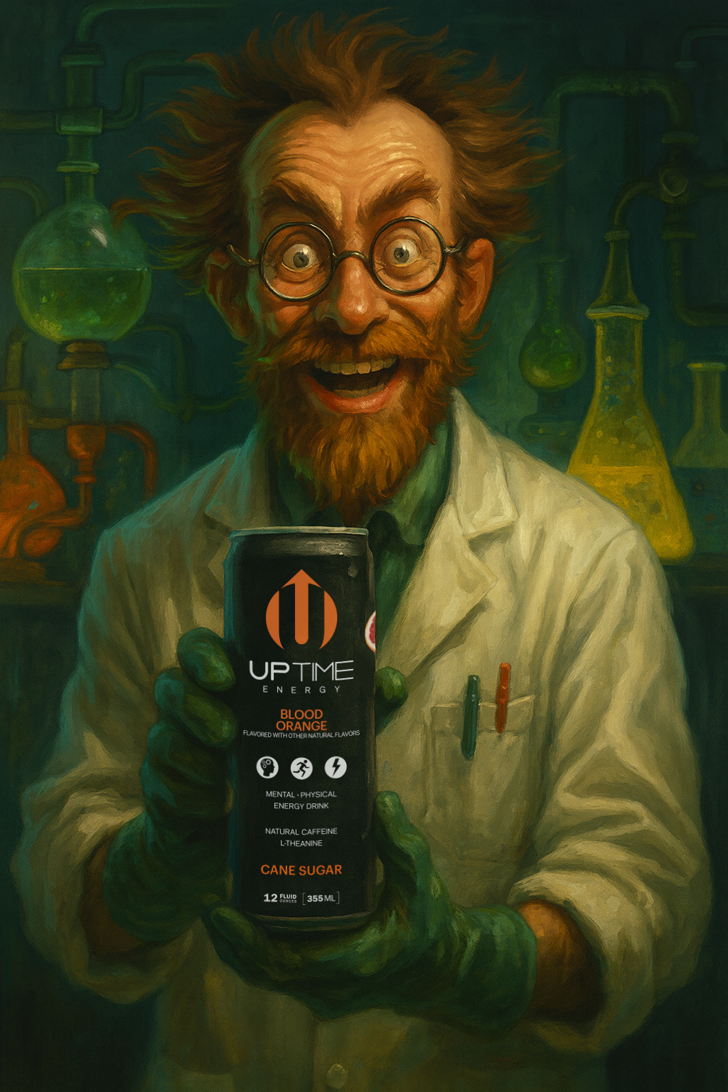 Oil-painted mad scientist holding UPTIME Blood Orange