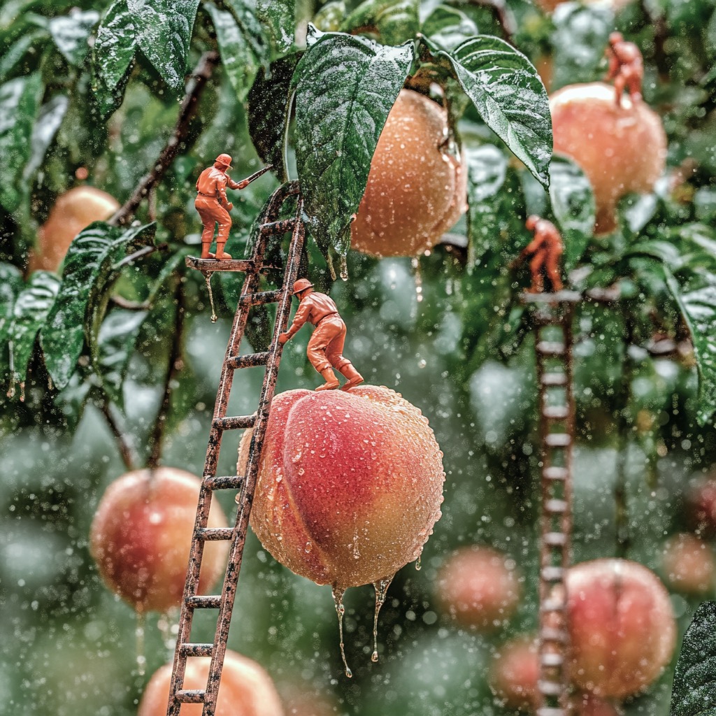 Tiny soldiers harvesting peaches