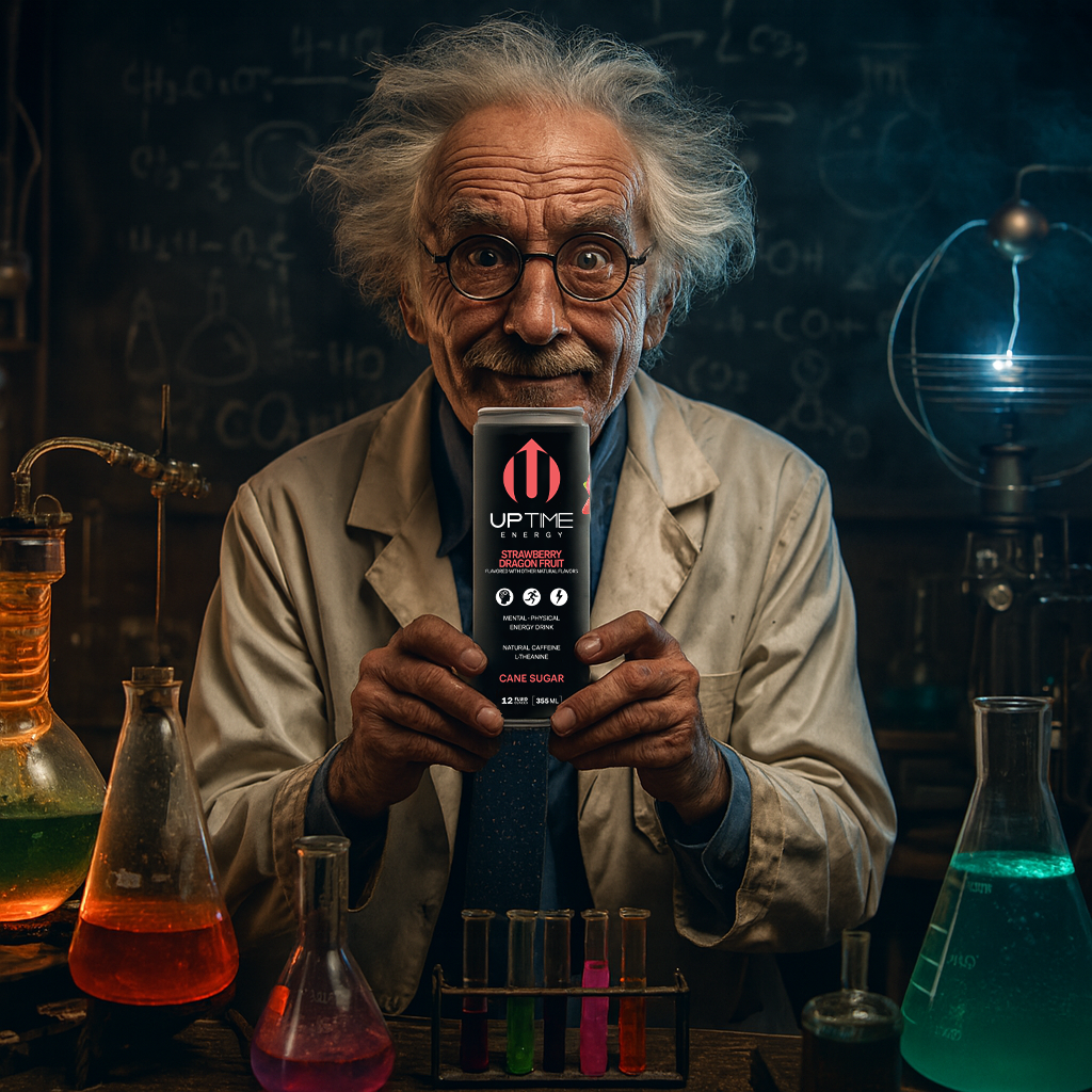 Photo realistic mad scientist with UPTIME Strawberry Dragonfruit