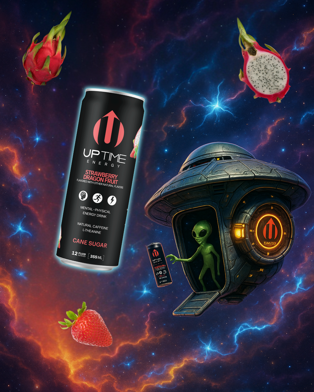 UFO alien scene with UPTIME Strawberry Dragonfruit